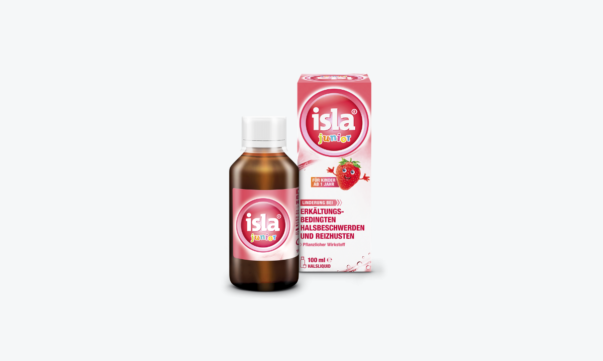 NEU: isla&reg; junior Halsliquid haftet direkt an der gereizten Schleimhaut